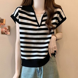 Size Lớn Giả Hai Mảnh Sọc Ngắn Tay Áo Thun Nữ Mùa Hè Béo mm Bao Bụng Mỏng Hơn Nhìn Băng Lụa Dệt Kim v @