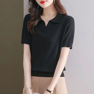 Mùa hè Phong Cách Mới Ve Áo Dệt Kim Áo Thun Nữ Tay Ngắn Nữ Tay Ngắn Nữ Mỏng Phong Cách Ice Silk Thời Trang Tuổi @