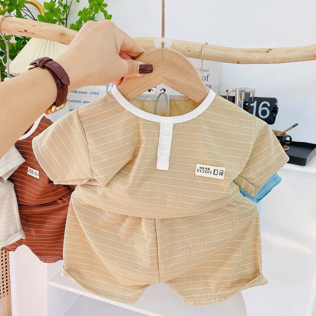 Bộ cộc thun tăm, cúc trụ kẻ cho bé trai bé gái từ 4 - 12kg