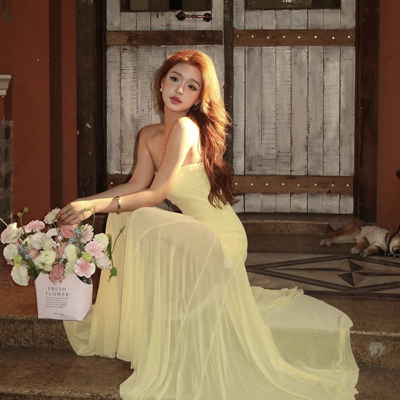 Klalian Ruched Đầm Thanh Lịch Nữ Gợi Cảm Không Dây Lưng Lưới Chắp Vá Xù Viền Nửa Đêm Cocktail Dự Tiệc Thời Trang