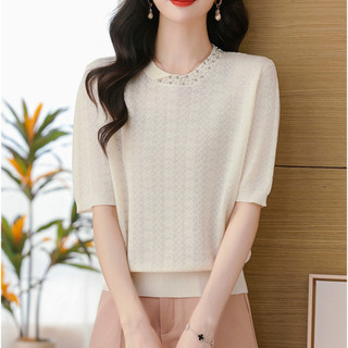 Công Nghiệp Nặng Đính Hạt Áo Thun Nữ Tay Ngắn Phong Cách Mới Thời Trang Phong Cách Phương Tây Trẻ Mẹ Mùa Hè Tencel Áo Len