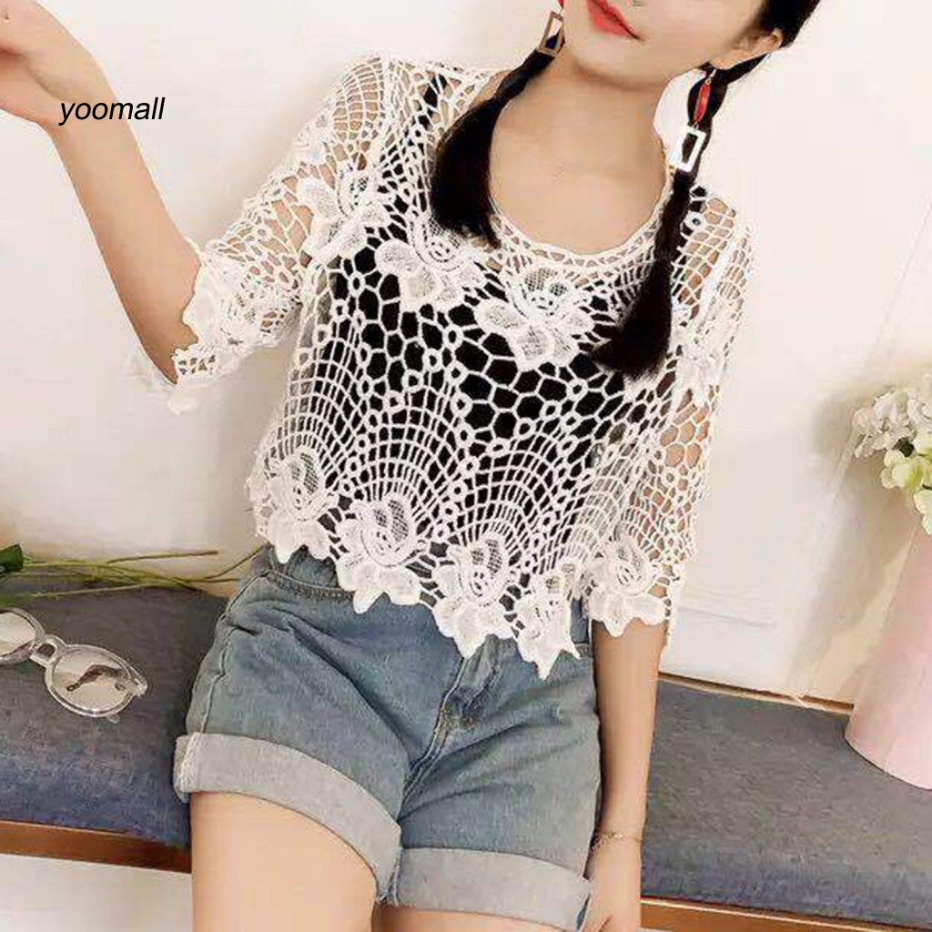 Yo / Nữ Cổ Tròn Áo Ren Chi Tiết Áo Ren Hoa Ren Thêu Che Áo Cho Nữ Thời Trang Cổ Tròn Nửa Tay Lỏng Lẻo Phù Hợp Với Áo Chui Đầu Thời Trang Đông Nam Á