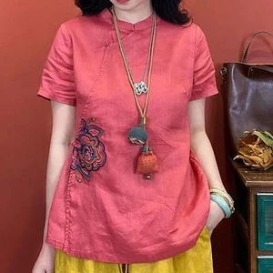 Retro Mới Phong Cách Trung Quốc Thêu Hàng Đầu Phong Cách Mới Rời Áo Sơ Mi chéo Áo Sơ Mi Phù Hợp Với