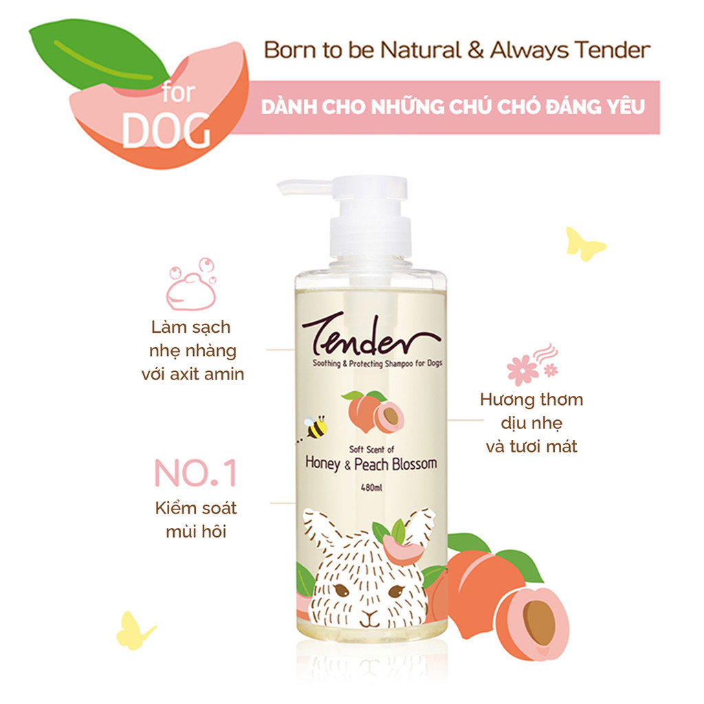 Sữa tắm TENDER cho chó 480ml, sữa tắm cho thú cưng thơm mát chiết xuất từ thiên nhiên an toàn lành tính