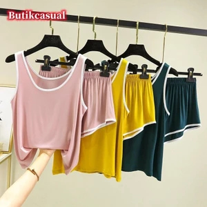 Phụ Nữ Modal Cotton tank top Set Loose Casual Lounge Mặc Bộ Đồ Ngủ Bộ Đồ Ngủ Không Tay Áo Quần Short