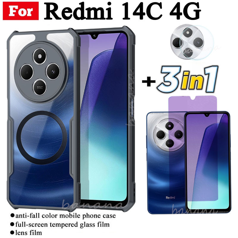 Ốp điện thoại chống sốc 3 trong 1 Redmi 14C có nhãn dán sạc không dây từ tính cho Redmi 13C C65 C75 Kính cường lực chống gián điệp Bảo vệ màn hình và màng ống kính