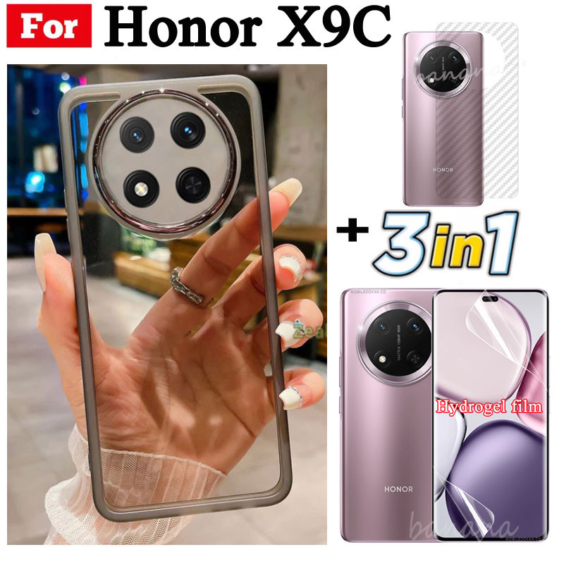 Ốp điện thoại trong suốt bằng silicon mềm TPU 3 trong 1 Honor X9C X9B X9A có vỏ bảo vệ Camera + Kính cường lực + Phim mặt sau