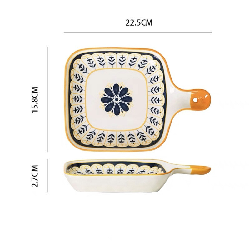 Đĩa Decor Có Tay Cầm  size 15x15cm Bắc Âu Scandinavia, Khay Sứ Vuông Tay Cầm Cao Cấp