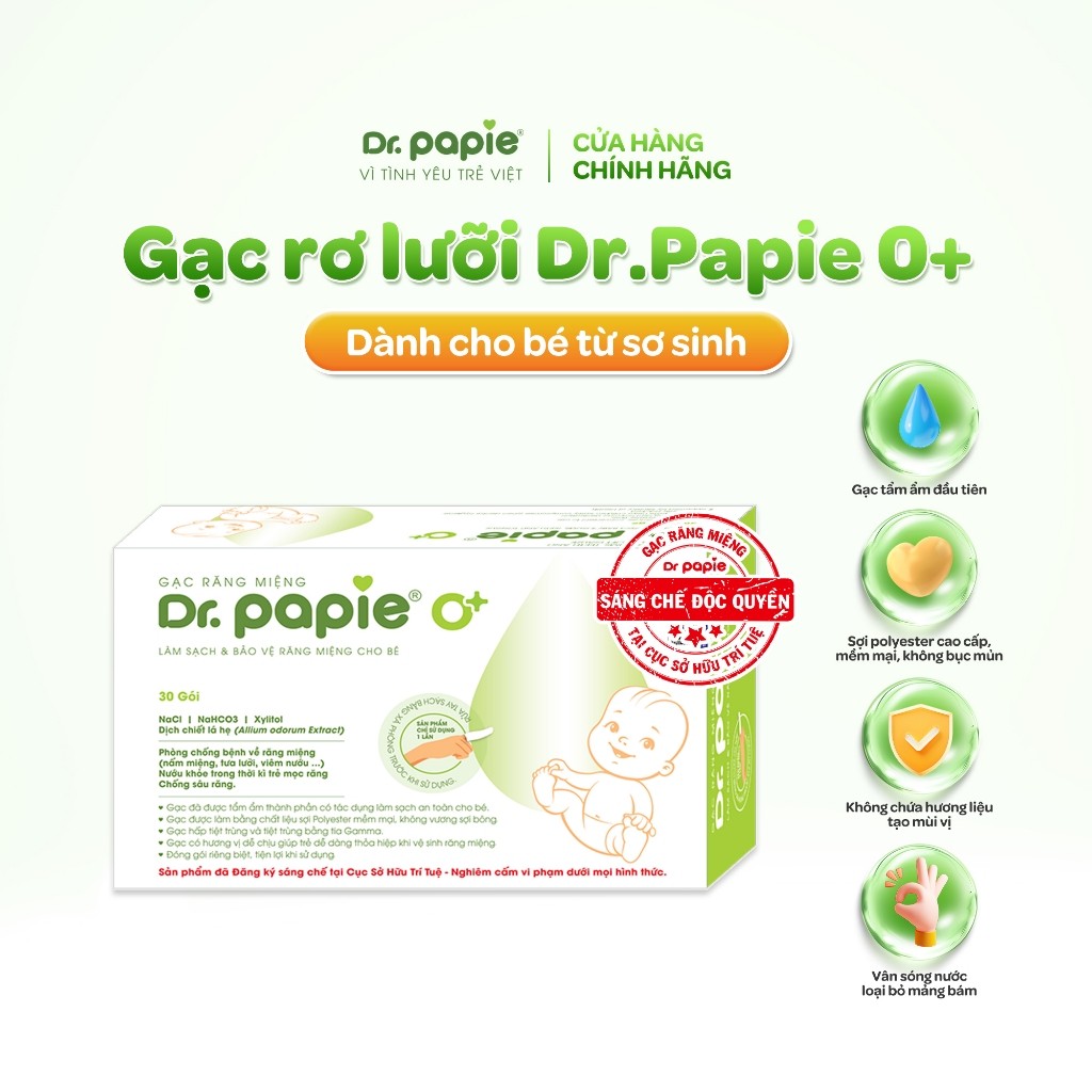 Ảnh Gạc Rơ Lưỡi Dr.Papie Tiêu Chuẩn 5SAO, Làm Sạch Răng, Lưỡi, Nướu và Khoang Miệng Cho Bé - 30Gói/Hộp 1
