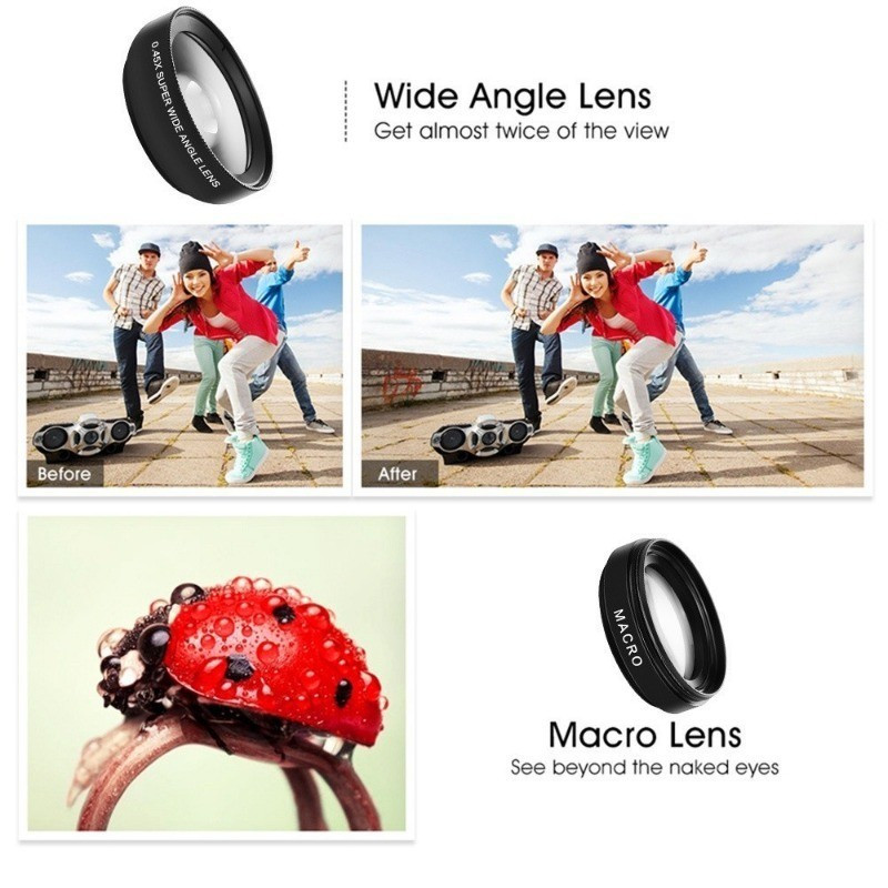 Bộ ống kính chụp ảnh dành cho điện thoại 2in1 góc rộng và macro,Cho IPhone Và Điện Thoại Android