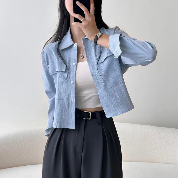 Bh Áo sơ mi dài tay họa tiết phong cách Hàn Quốc cổ polo dáng rộng ngắn màu trơn
