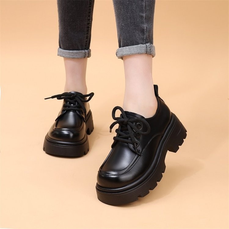 Giày da thường ngày buộc dây Miệng sâu mẫu mới mùa thu, giày một lớp đế dày 5cm mềm mại thoải mái đi ngoài hàng ngày màu trơn đơn giản thời trang PU