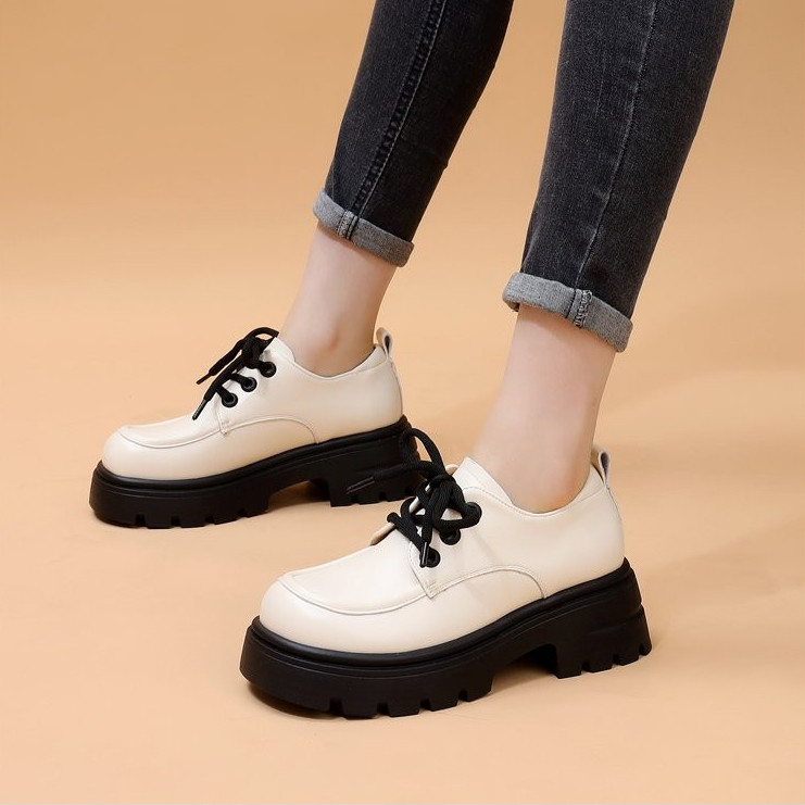 Giày da thường ngày buộc dây Miệng sâu mẫu mới mùa thu, giày một lớp đế dày 5cm mềm mại thoải mái đi ngoài hàng ngày màu trơn đơn giản thời trang PU