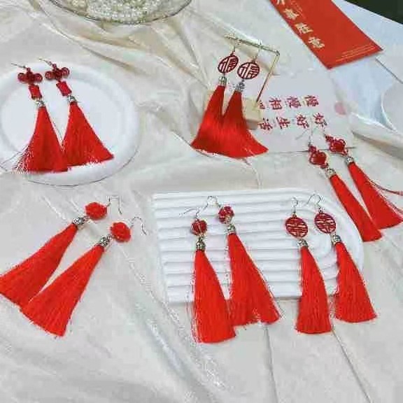 Hoa tai cô dâu tua rua dài phong cách dân tộc Hàn Quốc phụ kiện sườn xám Retro khí chất Hoa tai múa Latin trẻ em