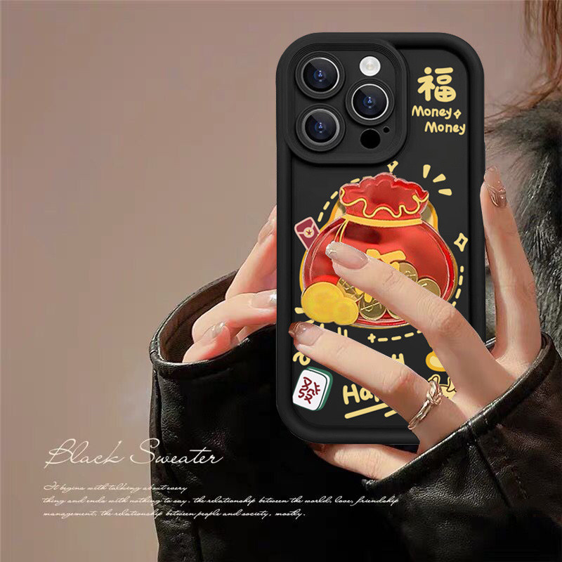 Ốp Lưng Túi May Mắn Tết Nguyên Đán Cho OPPO Reno 12F 11F 11 12 10 Pro Plus 8T 7Z 8Z 5Z 6Z Reno 8 7 6 5 4 Pro Plus Vỏ Điện Thoại Di Động Rượu Vang Đỏ Thời Trang Hoạt Hình Matte Vỏ Chống Sốc