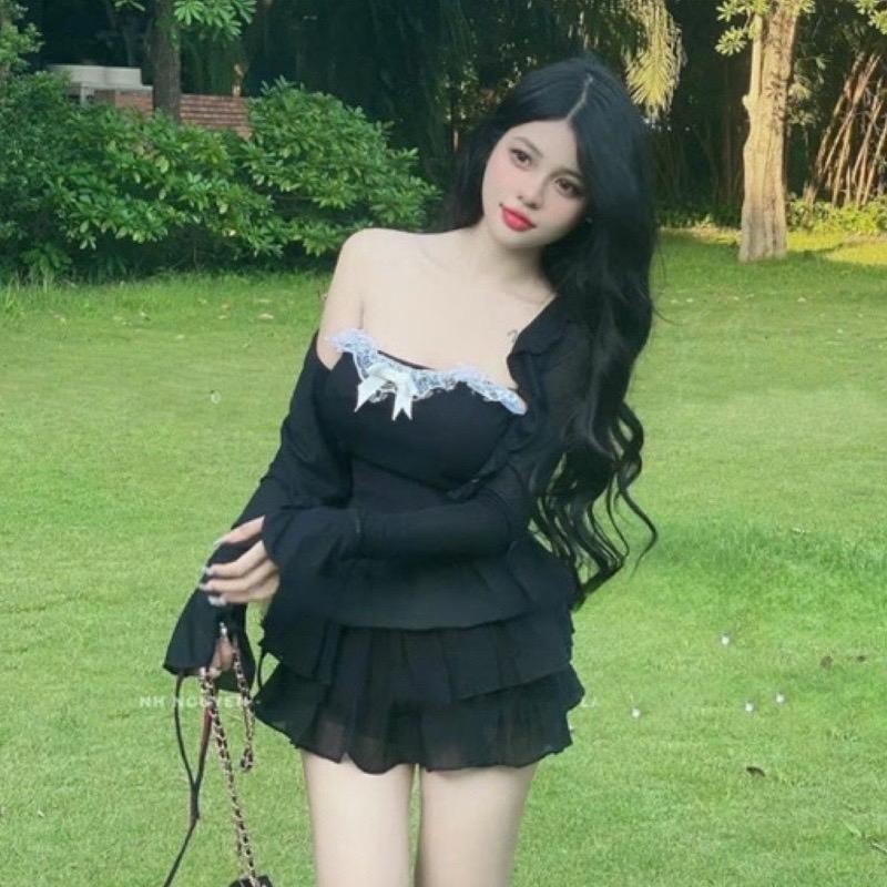 Sét 3 món áo ống phối ren 2 lớp có mút ngực + chân váy voan 3 tầng và áo khoác giấy Nữ