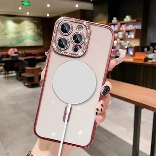 Sang Trọng Bling Pha Lê Ống Kính Phim Ốp Lưng Điện Thoại iPhone 16 15 13 14 Pro Max Plus Từ Tính Sạc Không Dây Trong Suốt