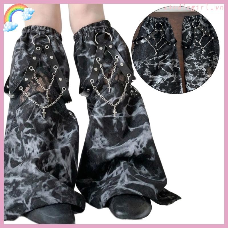 Vua Nữ Punk Lưới Nối Dây Nhuộm loe Chân Có Dây Đeo PU Dây Xích Baggy Rời Chân Ấm Dài Bắp Chân S