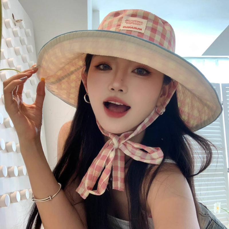 Mũ Tai Bèo Chống Nắng Vành Rộng 2 Mặt Họa Tiết Caro-Trơn Màu Pastel,  Mũ Bucket Dây Nơ Đi Biển