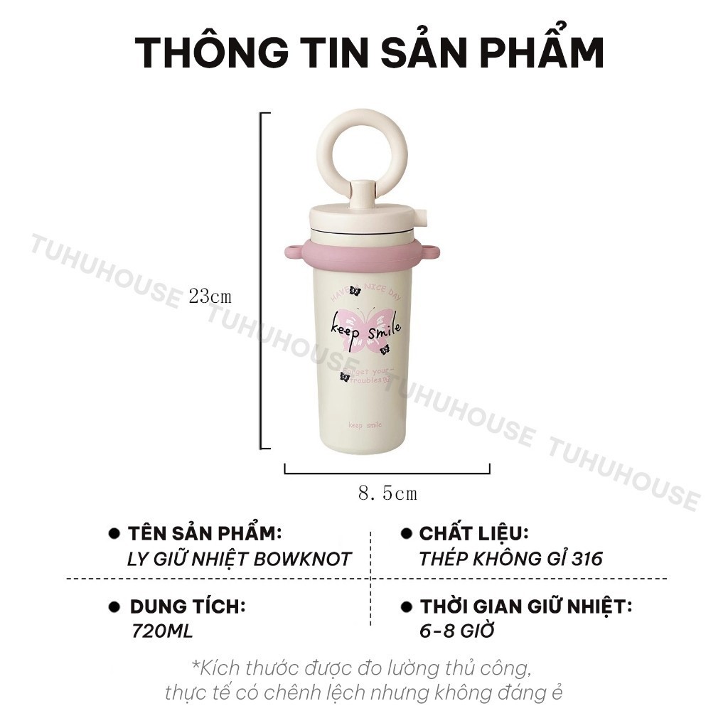 Ly giữ nhiệt BOWKNOT 720ml, cốc giữ nhiệt nóng lạnh inox 316 có dây xách tiện lợi