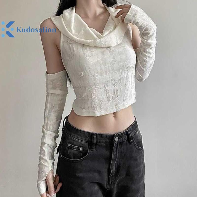 Kudosation Thời Trang Mỹ Rách Có Mũ Trùm Đầu Áo Y2k Sang Trọng Ôm Crop Top Có Tay Áo Đẹp