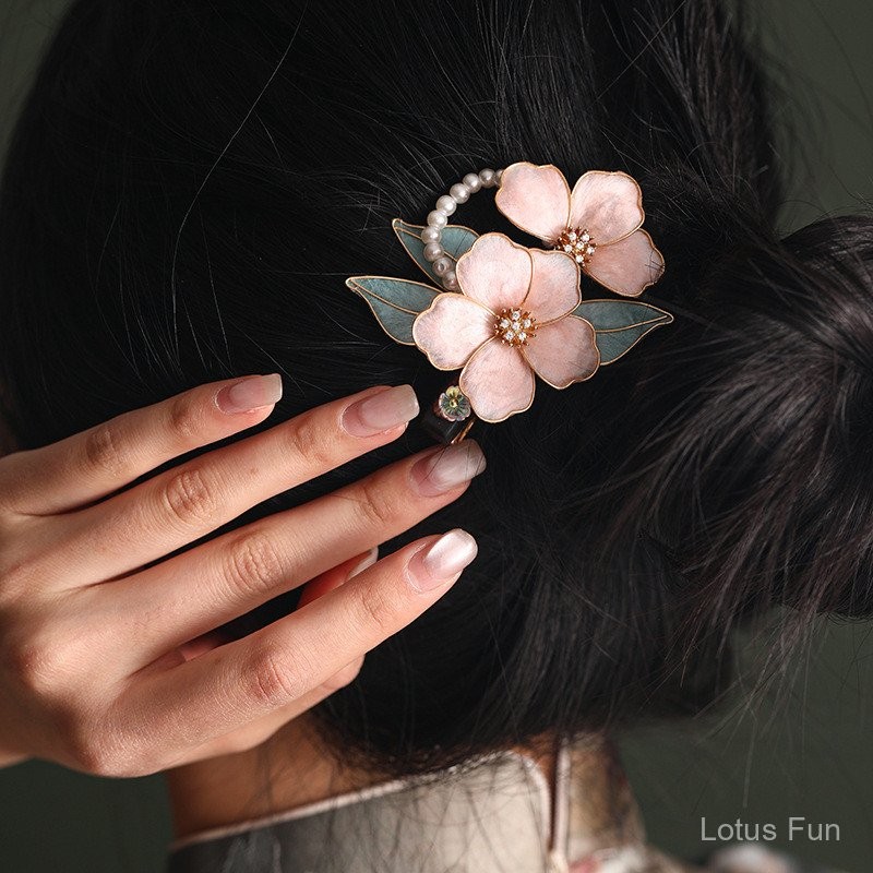Kẹp tóc hoa nhung lụa kiểu Trung Quốc mới, gỗ đàn hương, hoa quấn thủ công, phụ kiện Hanfu retro cho nữ