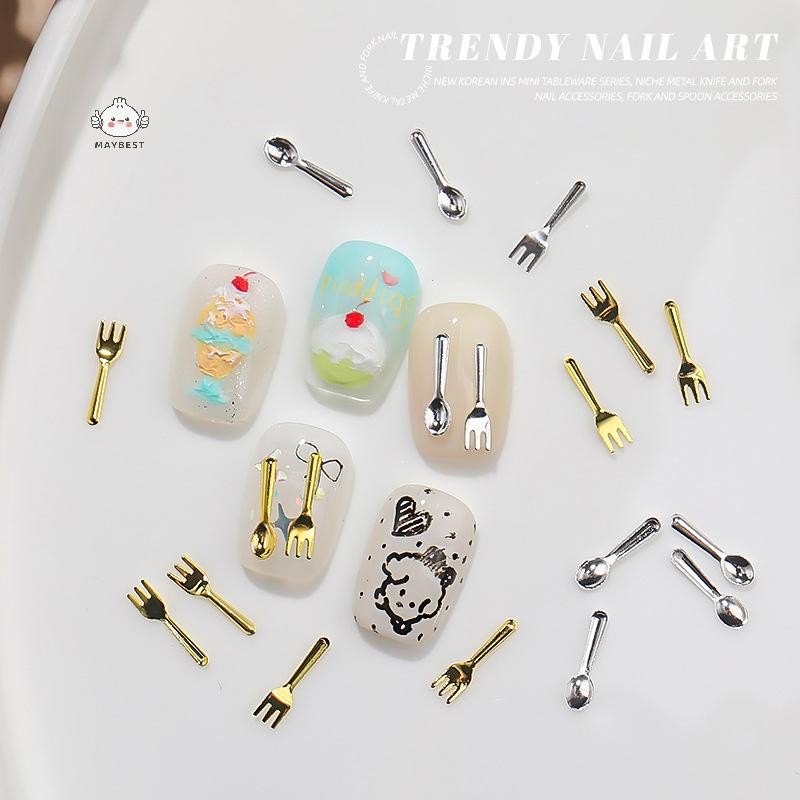 Maybest 50 Chiếc Hỗn Hợp Ins Niche Bộ Đồ Ăn Series Thìa Nĩa Móng Tay 3D Kim Loại Móng Tay Khuôn Trang Trí Móng Tay DIY Nail Art Charm Phụ Kiện {VN}