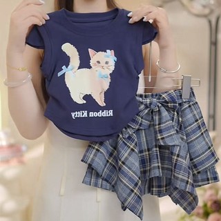 Trang phục bé gái 2025 mới mùa hè, bộ vest dễ thương cho bé gái, váy kẻ sọc và quần, bộ hai mảnh