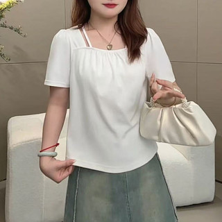 M-4XL Size Lớn Top Nữ 150kg Size Lớn Cổ Vuông Xếp Ly Áo Thun Nữ Mùa Hè Béo mm Thiết Kế Thời Trang Mỏng Hơn Nhìn Top Plus Size Quần Áo Nữ