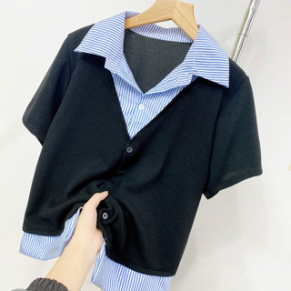 Áo Sơ Mi Bigsize Nữ Tay Ngắn Kiểu Giả Hai Lớp Vải Xoa Kẻ Sọc Phối Nỉ Tăm Cá Tính SM185