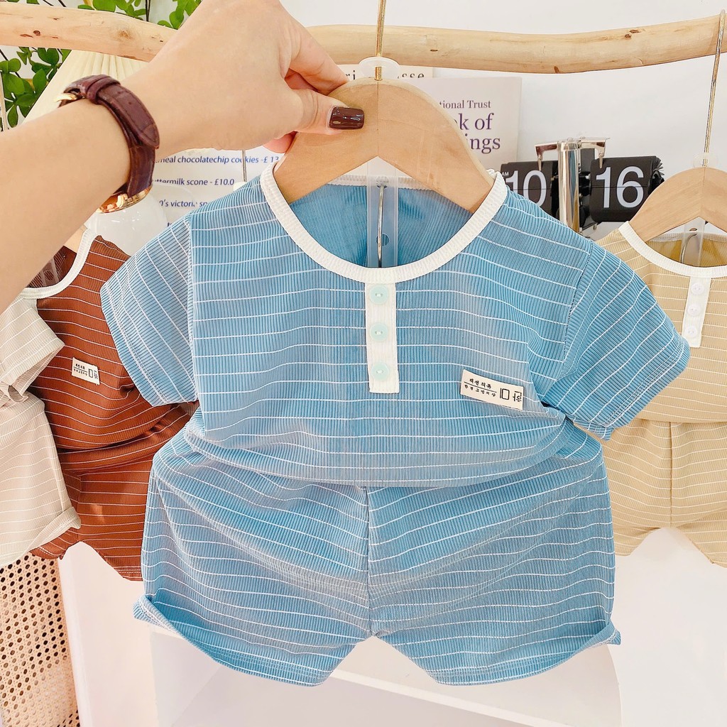 Bộ cộc thun tăm, cúc trụ kẻ cho bé trai bé gái từ 4 - 12kg