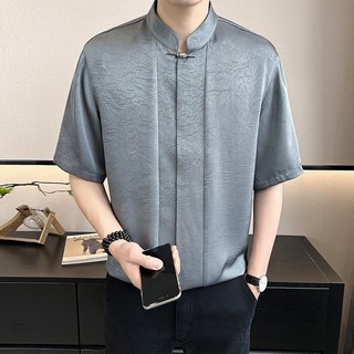Áo sơ mi ngắn tay cổ đứng bằng lụa băng phong cách 2024 nam mới Quần áo nam Trung Quốc phong cách Trung Quốc Quần áo núi Trung Quốc Áo sơ mi tay năm điểm JP02