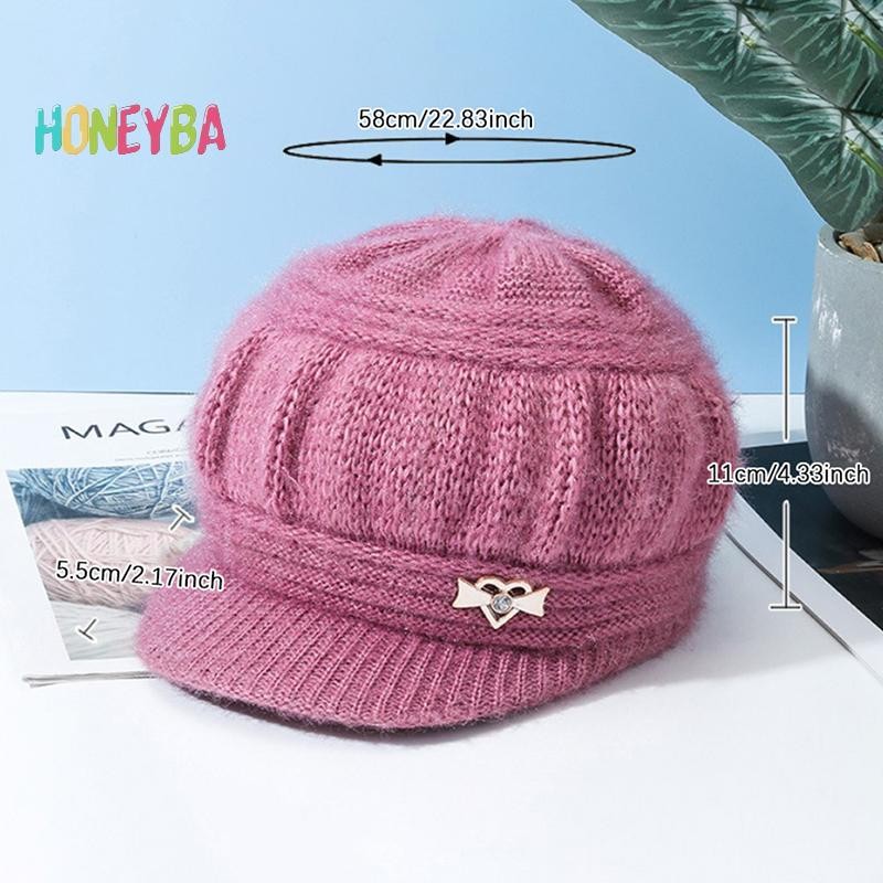 < Honeyba > Len Mũ Thời Trang Nữ Sang Trọng Dệt Kim Bảo Vệ Tai Gió Màu Trơn Bầu Không Khí Đơn Giản Mùa Thu Đông Mũ Ấm Áp