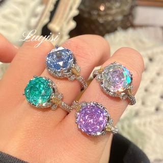 Châu Âu Mỹ ins Phong Cách Mới Hình Bát Giác Hoa Hồng Cắt Lấp Lánh Xanh Tím Nhẫn Nữ