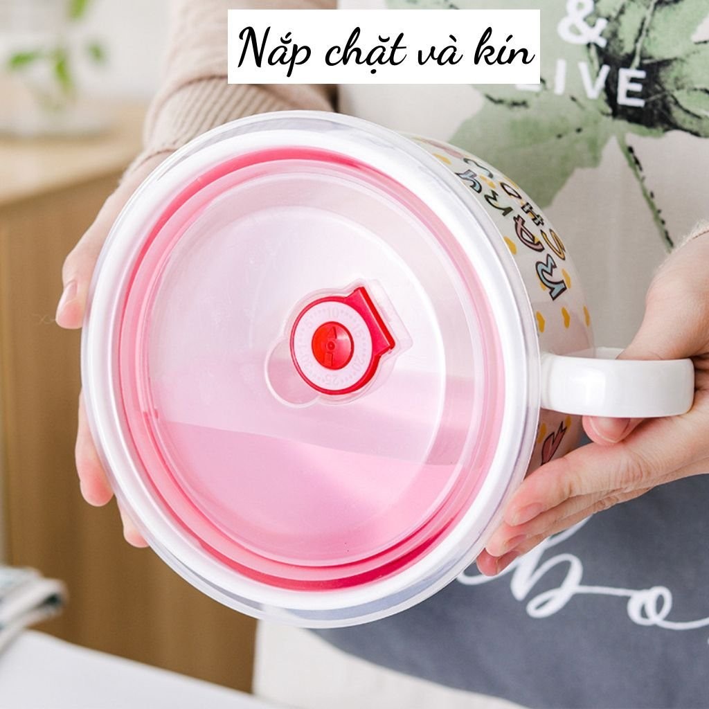Bát sứ ăn mỳ kèm nắp nhựa có tay cầm Tô sứ pha mỳ chất liệu chịu nhiệt hoạ tiết đáng yêu