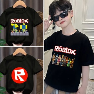 Bộ phim hoạt hình Roblox Áo thun đen nguyên chất in hình thời trang quần áo ngắn tay hàng ngày dành cho trẻ em