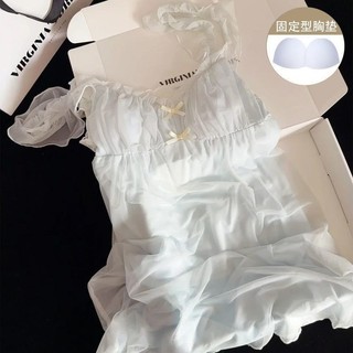 [Váy ngủ mềm mại thơm] Váy ngủ một mảnh cỡ lớn dành cho nữ không có hộp quà tặng có đệm ngực Bộ đồ ngủ nữ mùa hè Váy ngủ mỏng nơ thuần khiết Desire Váy ngủ đeo chéo gợi cảm Váy ngủ lưới gạc mềm mại Váy ngủ một mảnh Plus Size Quần áo nữ