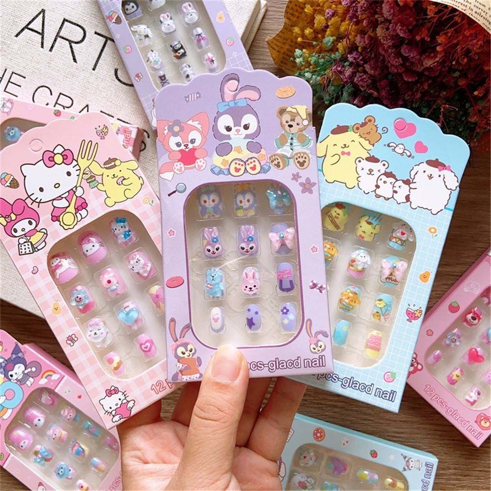 Combo 6 hộp móng tay giả Nail hoạ tiết hoạt hình Kuromi Kitty Cinamoroll xinh xắn có sẵn keo dính cho bé gái