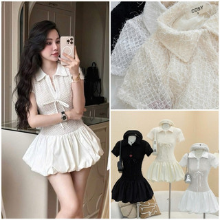 Đầm lông ren cổ polo cột nơ dáng bí tùng phồng bồng bềnh 3 màu kem đen trắng _SEP House
