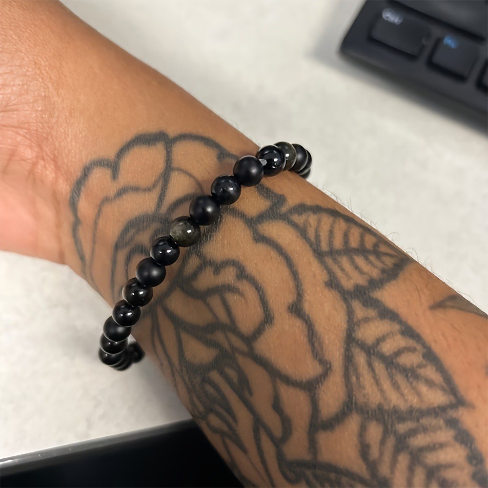 Vòng tay mã não đen pyroxene obsidian vàng tự nhiên