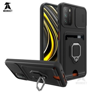 Dành Cho Xiaomi POCO M3 / Redmi 9T Ốp Lưng 4 Trong 1 Trượt Camera Bao Đựng Thẻ Đứng Vuông Freebie Dây Chống Sốc Chống Rơi Mỏng Mềm TPU Cover