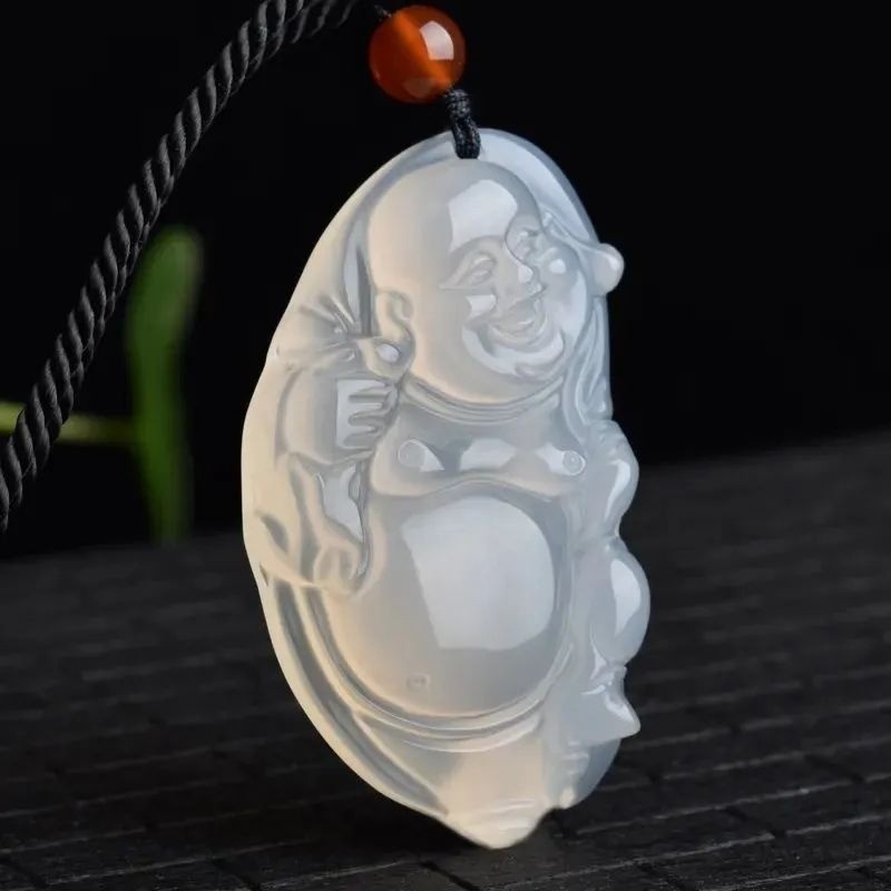 Mã Não Tự Nhiên Băng Trắng Chalcedony Túi Vải Phật Mặt Dây Chuyền Nữ Phong Cách Áo Len Dây Chuyền Mặt Dây Chuyền