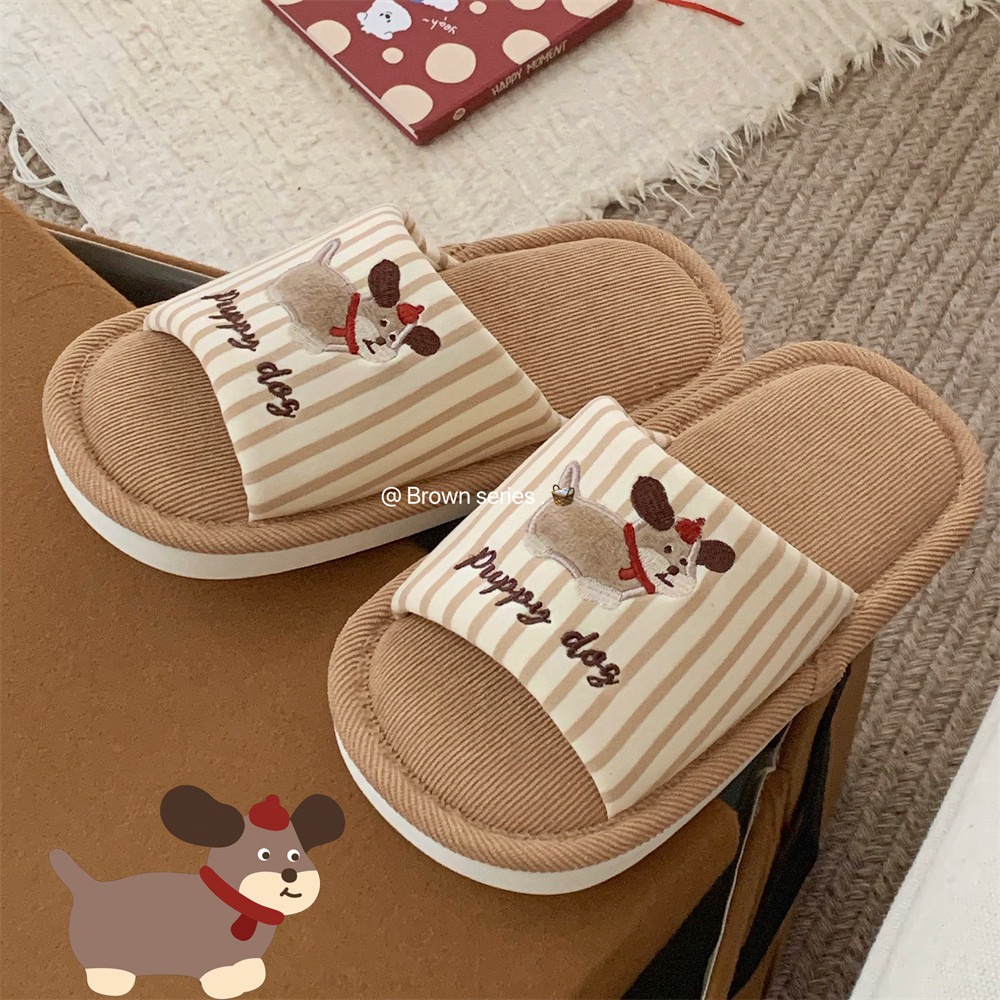 Dễ Thương Chó Con Vải Lanh Dép ins Nhật Bản Bốn Mùa Đa Năng Dép Đi Trong Nhà Dép Vải Lanh Cotton Giày Sàn Hút Mồ Hôi Hộ Gia Đình Dép Phẳng
