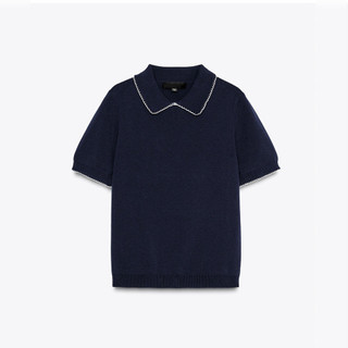 Áo Sơ mi Zara made in Morocco dệt kim xanh cổ viền lé trắng - nữ