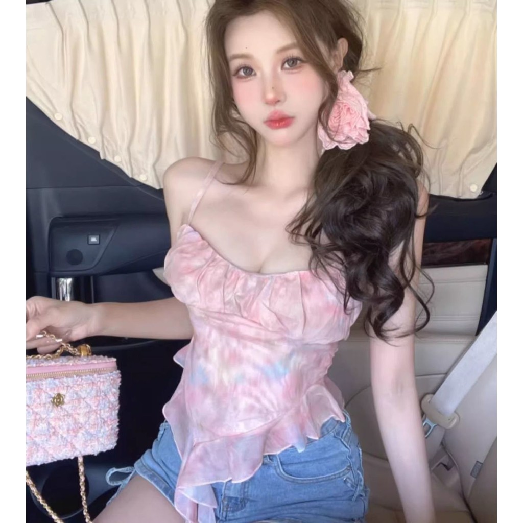 ✨Shop Xù Không Đều Cà Vạt-Dye Lưới Camisole Nữ Mặc Ngoài Mùa Hè jazz Ngọt Ngào Hot Girl Tube Top Phong Cách Thái 25.4.22