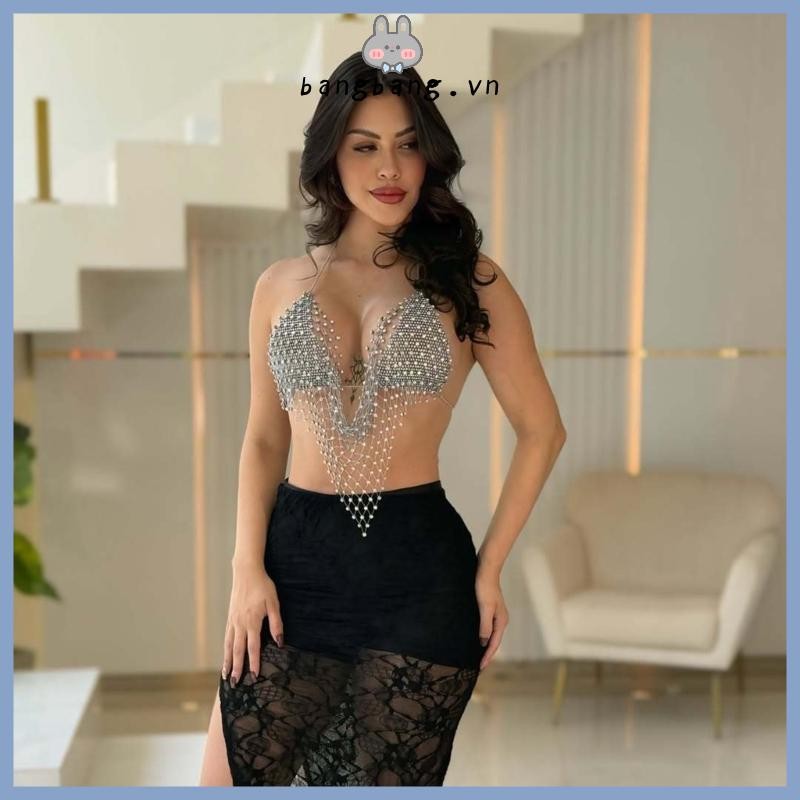 Bang Lấp Lánh Dây Cổ Tank Top Cho Nữ Lưới Kim Cương Giả Polyester Lấp Lánh Camisole Cho Hộp Đêm Và Tiệc