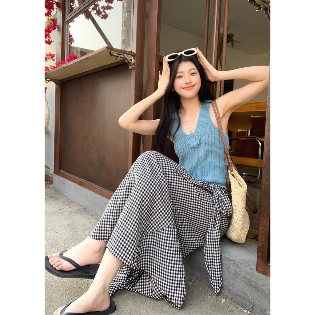 Áo camisole đan cổ V cho phụ nữ, áo khoác ngoài không tay ôm sát màu xanh mùa hè