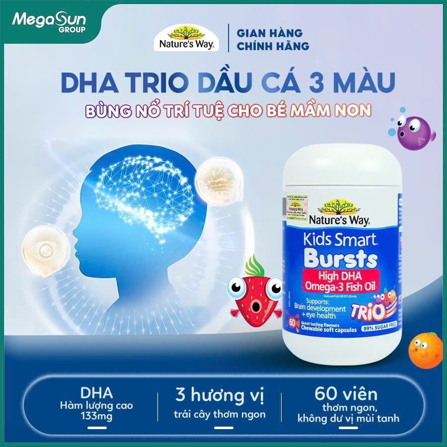 DHA Dầu Cá Ba Màu Nature's Way Omega-3 Fish Oil Trio Hỗ Trợ Tốt Cho Não Bộ Và Mắt Cho Bé 60 Viên
