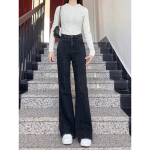 Quần jeans nữ màu đen dáng rộng, quần bò nữ lưng cao thời trang Xứ A Nam