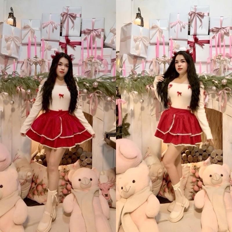 Sét áo thun lông Nhiều Nơ tay dài và chân váy 2 tầng phối ren lưng thun eo 58-75cm Free Size dưới 53kg Nữ Voi Top
